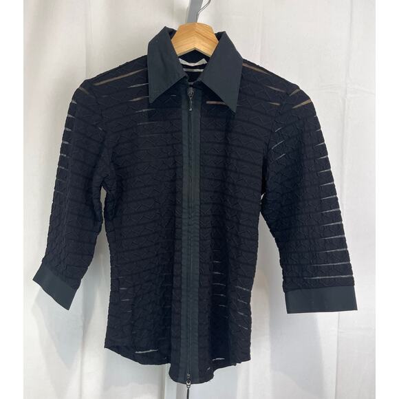 RAYURE Paris Flora Top Collared Full Zip Sheer Stretch Textured Black Size 38 S - Picture 9 of 9